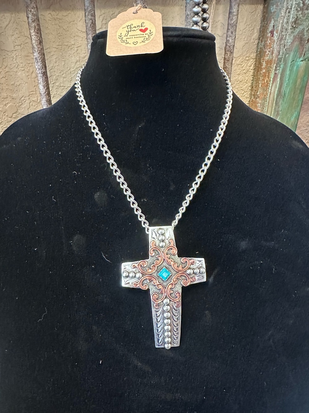 Silver-Tone Cross Pendant Necklace with Turquoise Accent - Women Jewelry